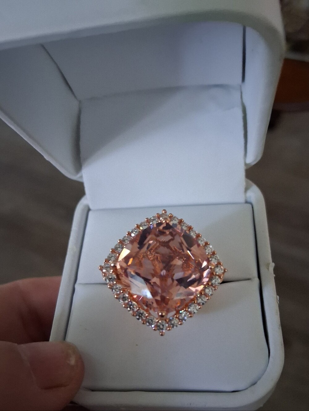 14Kt Rose Gold over .925 Sterling Silver 5+ Carat Morganite & CZ Statement Ring